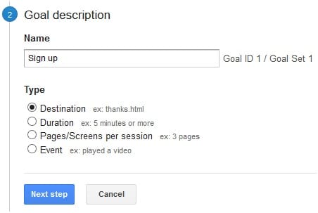 Create Goals Google Analytics Step2