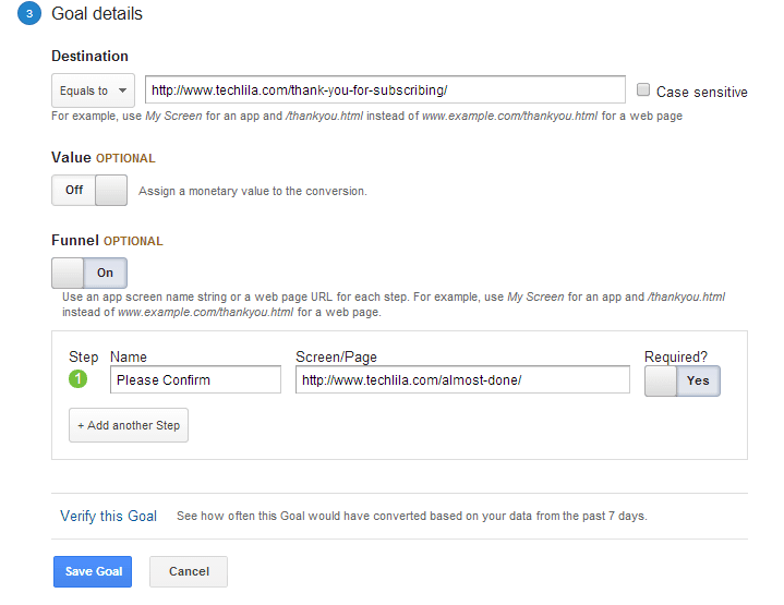 Create Goals Google Analytics Step3