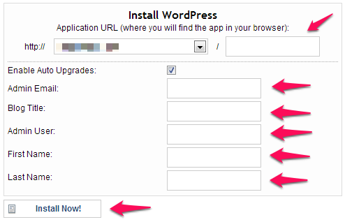 Fill Details To Install Wordpress