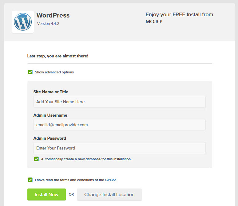Wordpress Install Advance Options