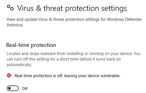 Disable Real Time Virus Protection