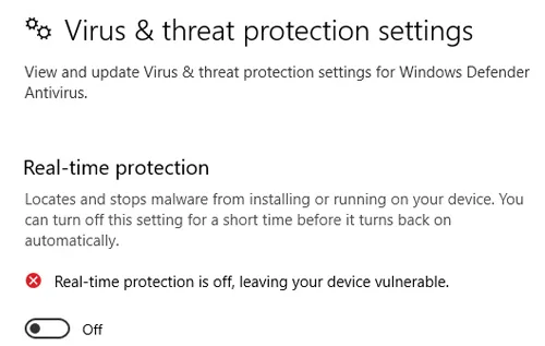 Disable Real Time Virus Protection Disable Real Time Virus Protection