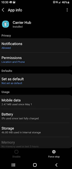 Carrier Hub App Settings