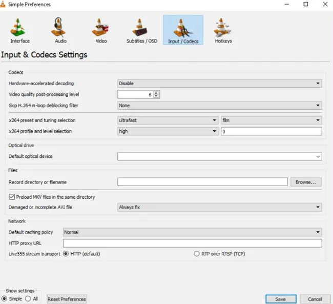 Input Codec Settings Input Codec Settings