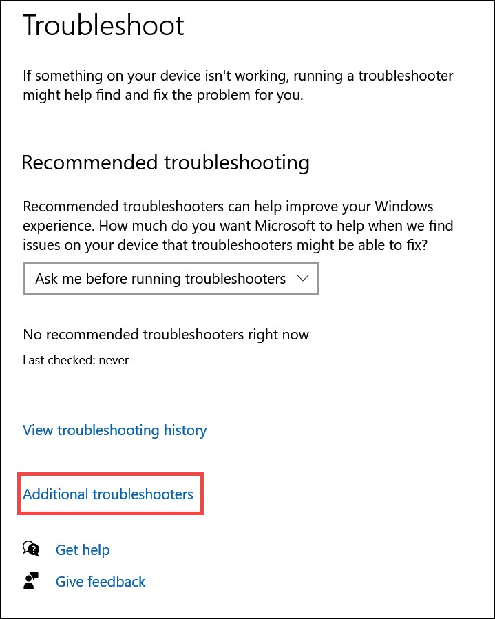 Additional Troubleshooters Options