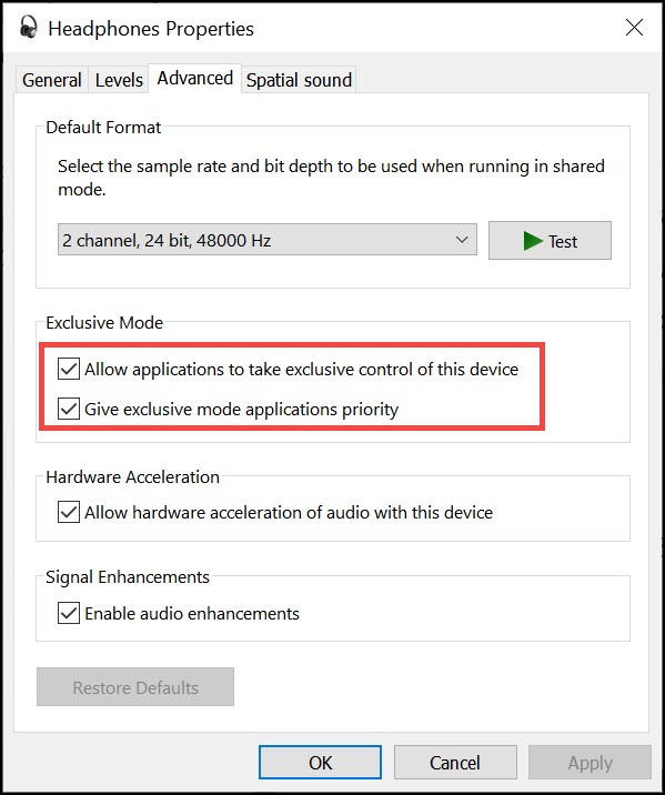 Disable Exclusive Mode Options