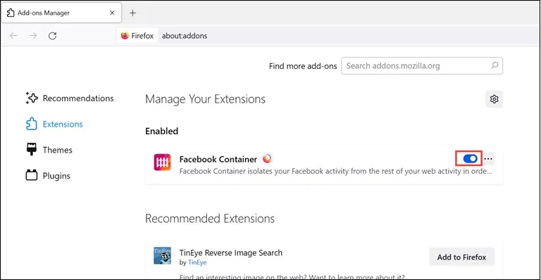 Disable Firefox Extensions