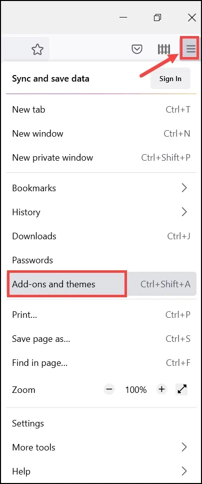 Firefox Add-ons and Themes option