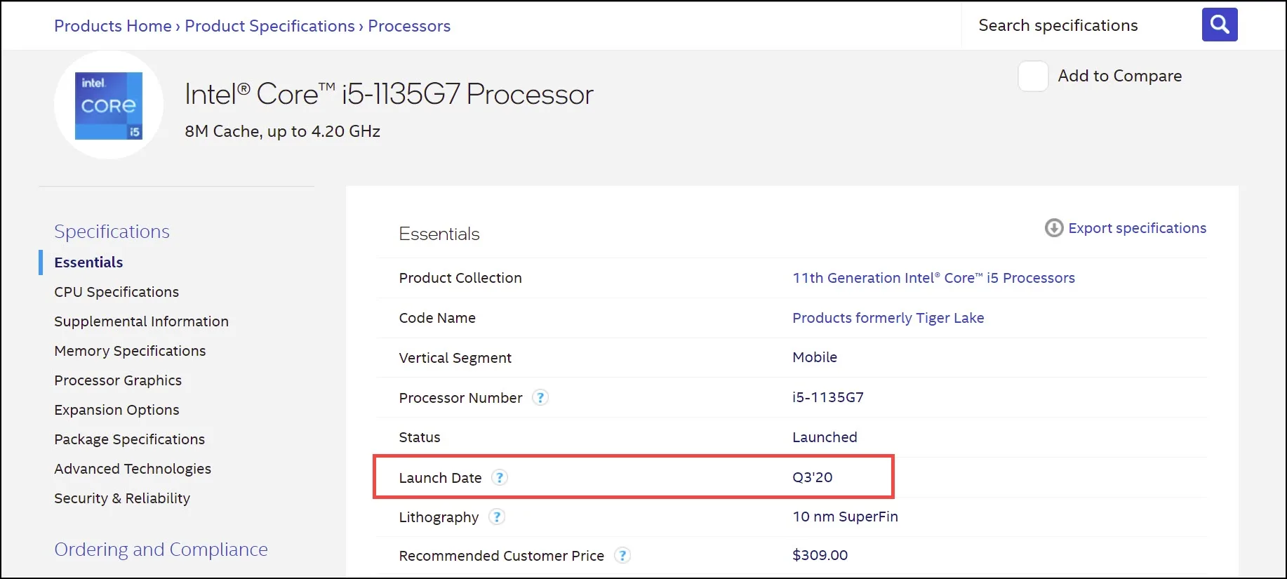 Launch Date of the Processor