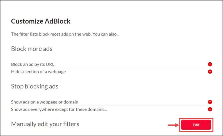 Manually edit AdBlock Filters