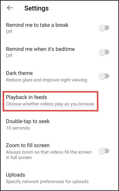 Playback in Feed Option YouTube