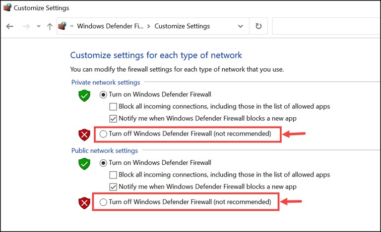 Turn Off Windows Defender Firewall