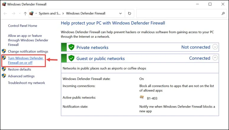 Turn Windows Defender Firewall on or off