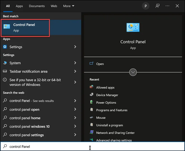 open control panel open control panel