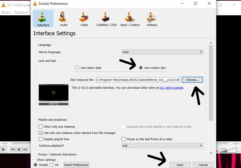 VLC Interface Settings