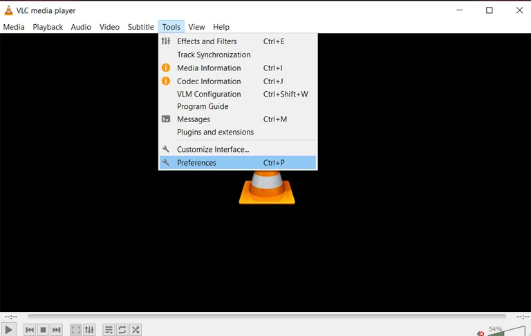 VLC Tap on Preferences Menu
