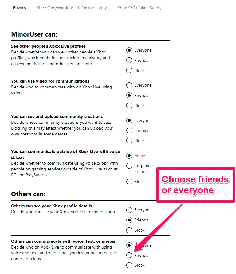 Choosing Others Can Communicate Voice Text Or Invites In Privacy Settings