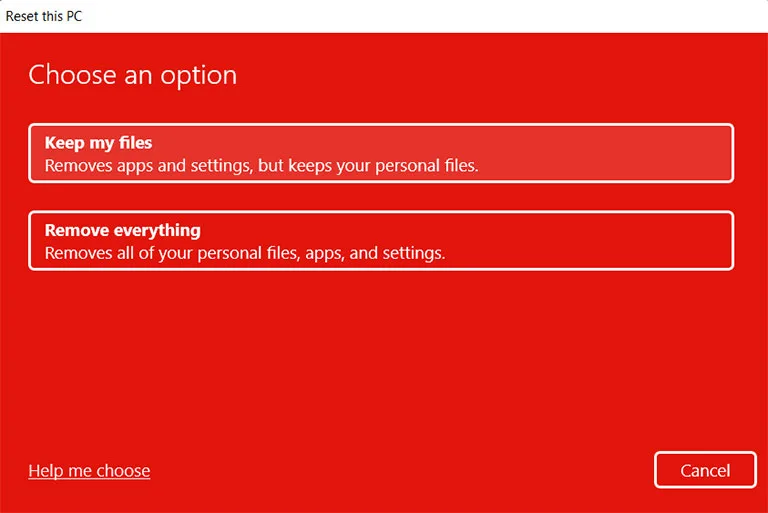 Choose Keep my Files Option