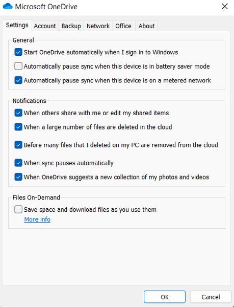 Microsoft Onedrive Settings