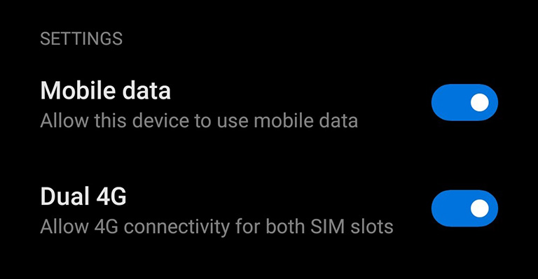 Settings With Mobile Data And Dual 4G Toggled On