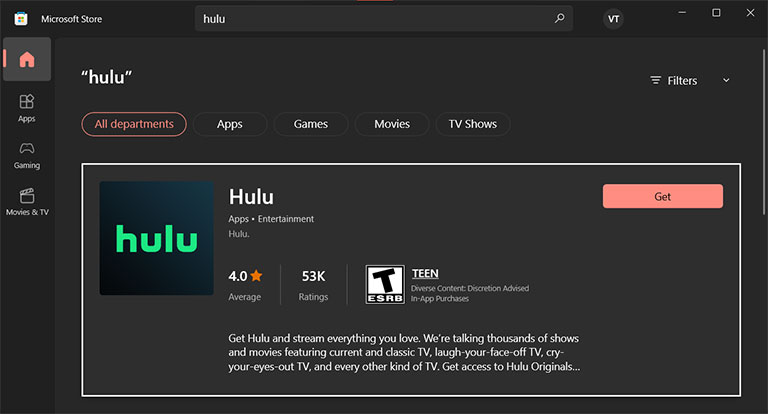 Click On The Get Option To Download The Hulu App
