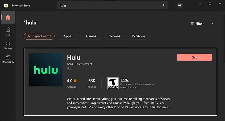 Click on the Get Option to Download the Hulu App