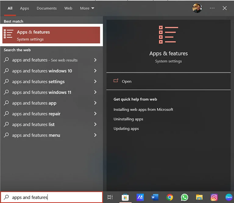 Search for Apps and Features