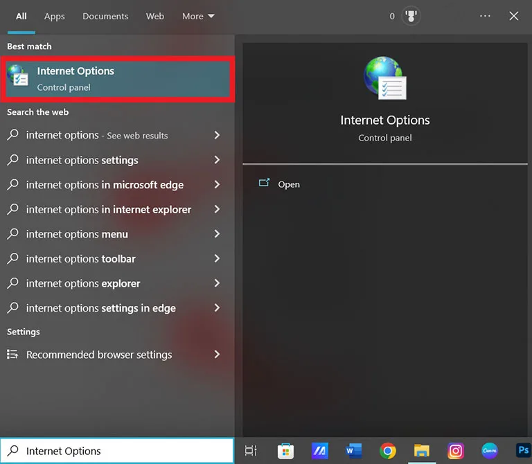 Search Internet Options in Window’s Search Bar Search Internet Options in Window’s Search Bar