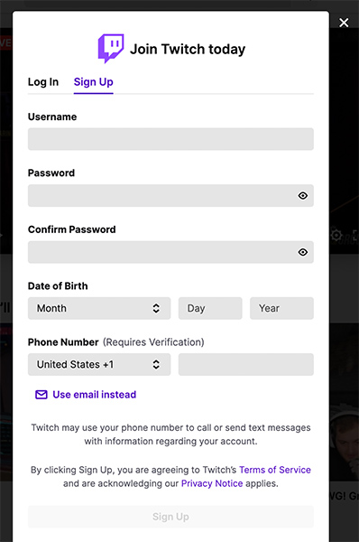 Sign Up On Twitch