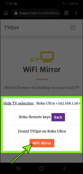 Tap on the WiFi Mirror Button