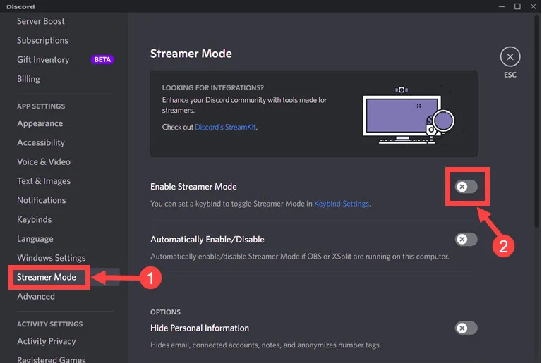 disable streamer mode