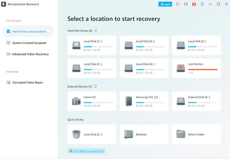 Select Recovery Location on Wondershare Recoverit