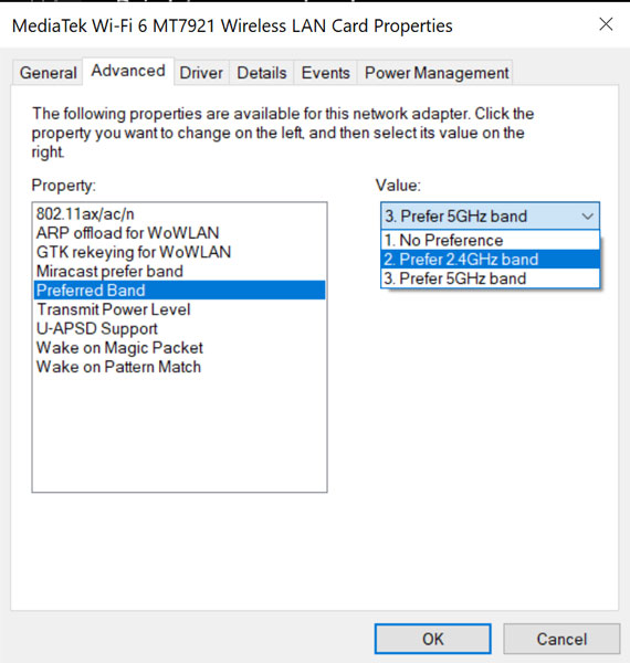 Changing Wifi Properties To 2.4 Ghz