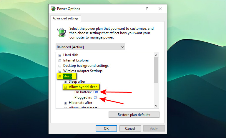 Select Sleep Then Allow Hybrid Sleep And Ensure The Option Is Turned Off On Both Plugged In And On Battery