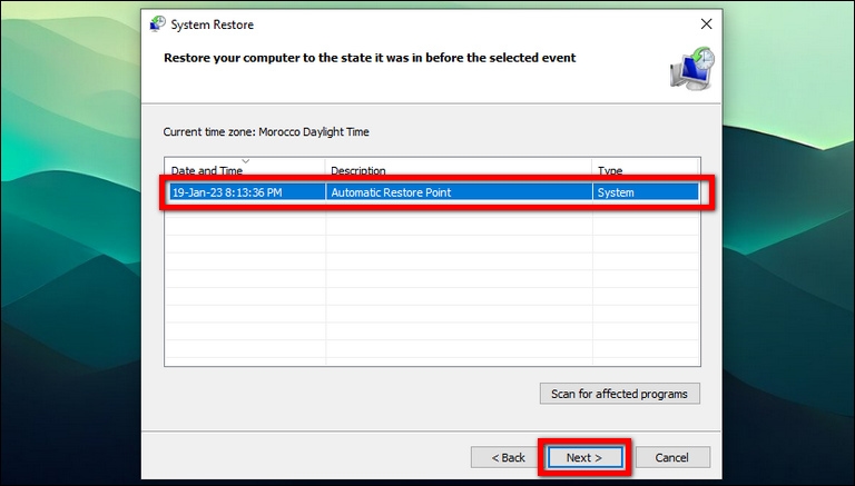 Select The Restore Point You Want To Use And Then Click Next