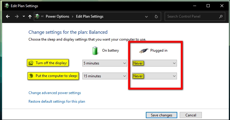 Set The Plugged In Options To Never For Turn Off The Display &Amp; Put The Computer To Sleep