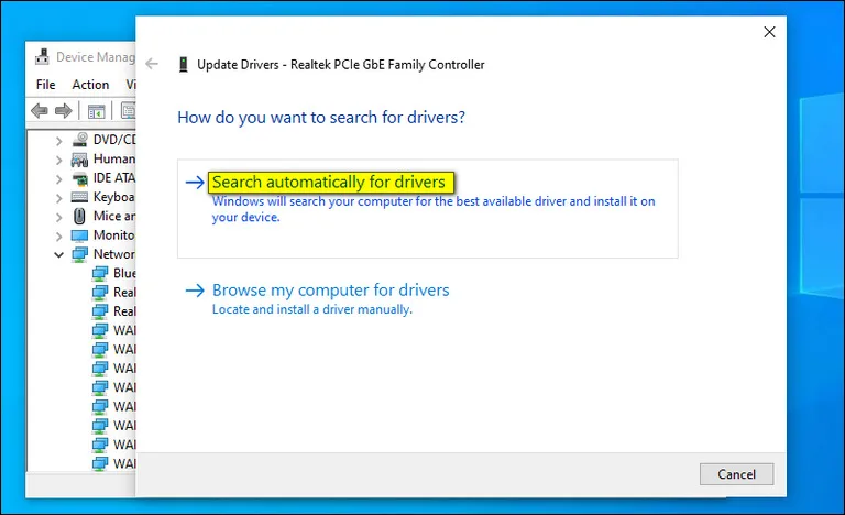 Choose Search Automatically for Drivers