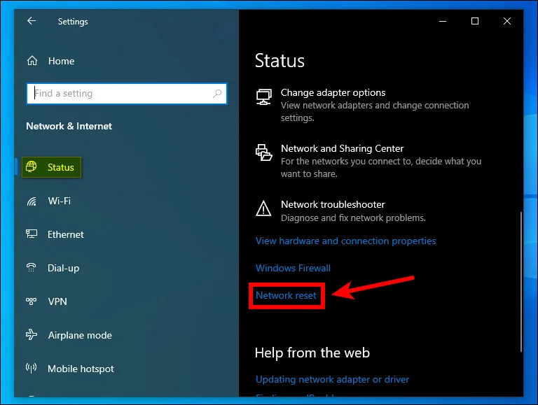 Click on the Network Reset Option