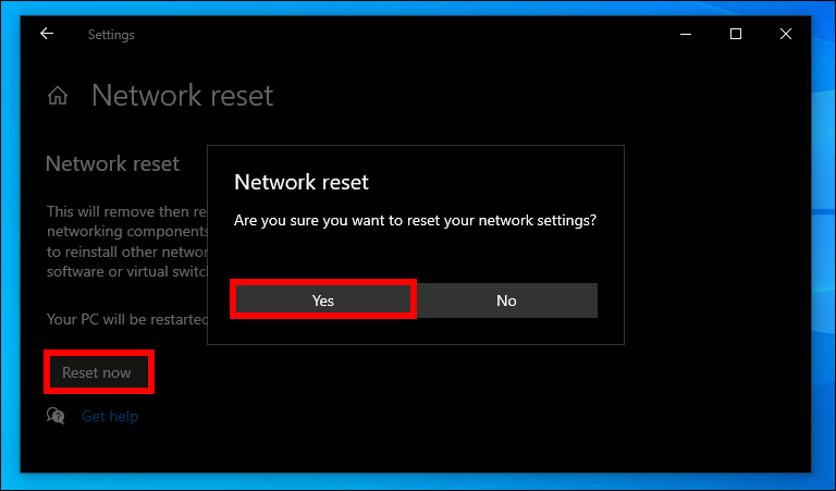 Confirm Network Reset