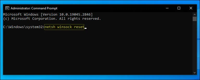 netsh winsock reset command