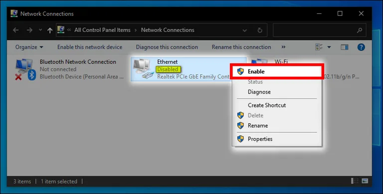 Right-Click on Ethernet and Enable It