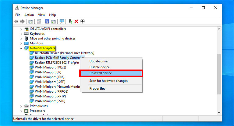 Right-Click On Ethernet Adapter And Select Uninstall Device