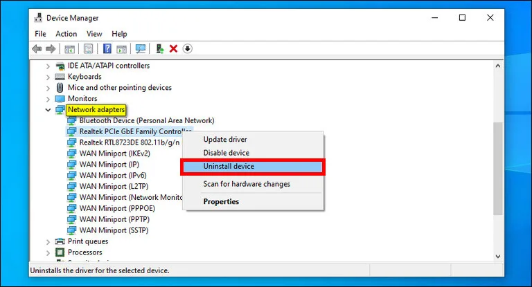 Right-Click on Ethernet Adapter and Select Uninstall Device