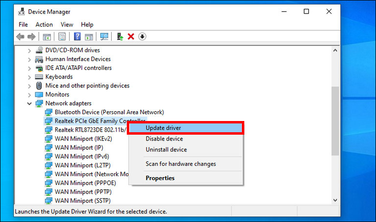 Right-Click On Your Ethernet Adapter And Select Update Driver