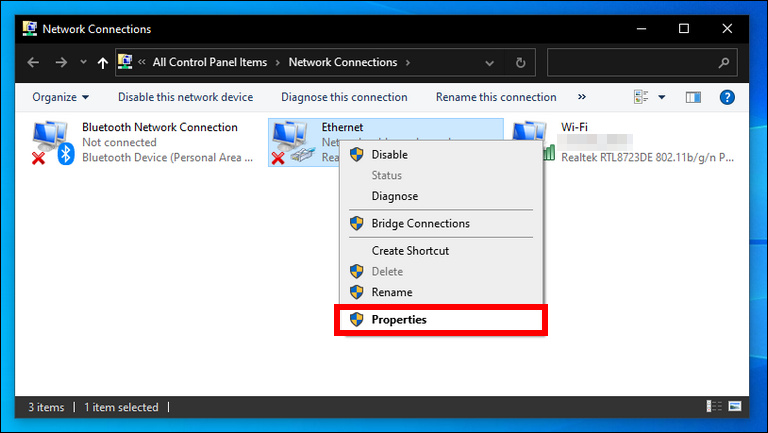 Right-Click Ethernet Adapter And Select Properties