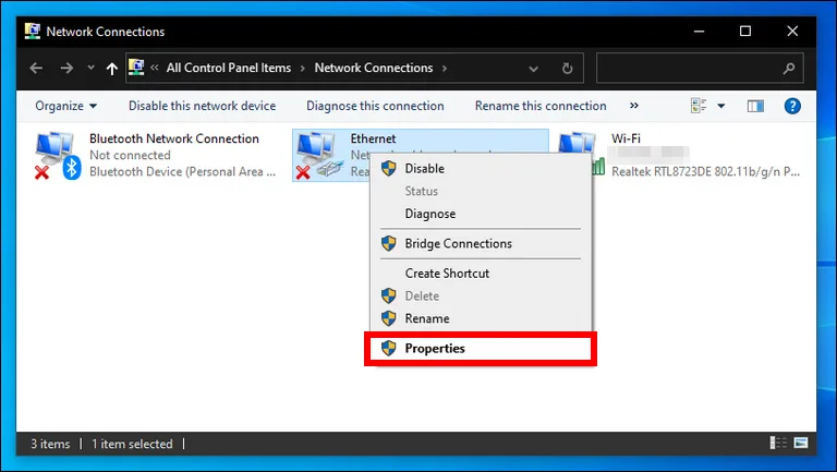 Right-click Ethernet Adapter and Select Properties