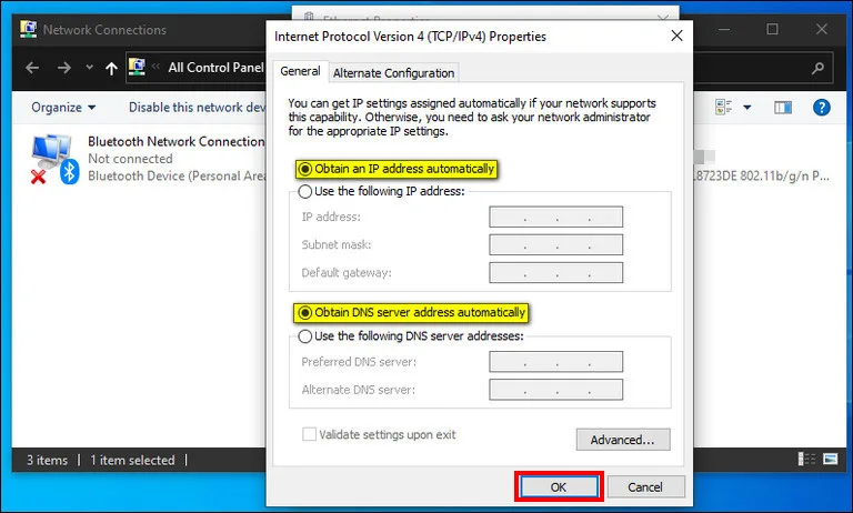 Select Obtain an IP Address Automatically and Obtain DNS Server Address Automatically