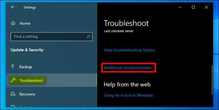 Select Troubleshoot And Additional Troubleshooters