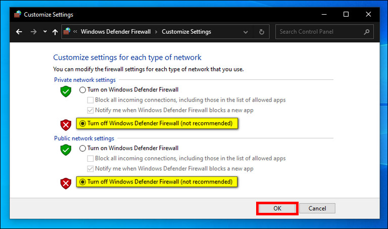 Turn Off Windows Defender Firewall