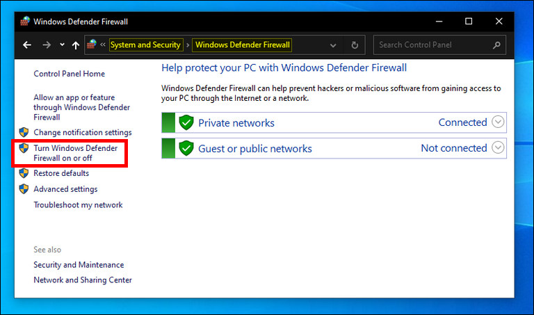 Turn Windows Defender Firewall On Or Off